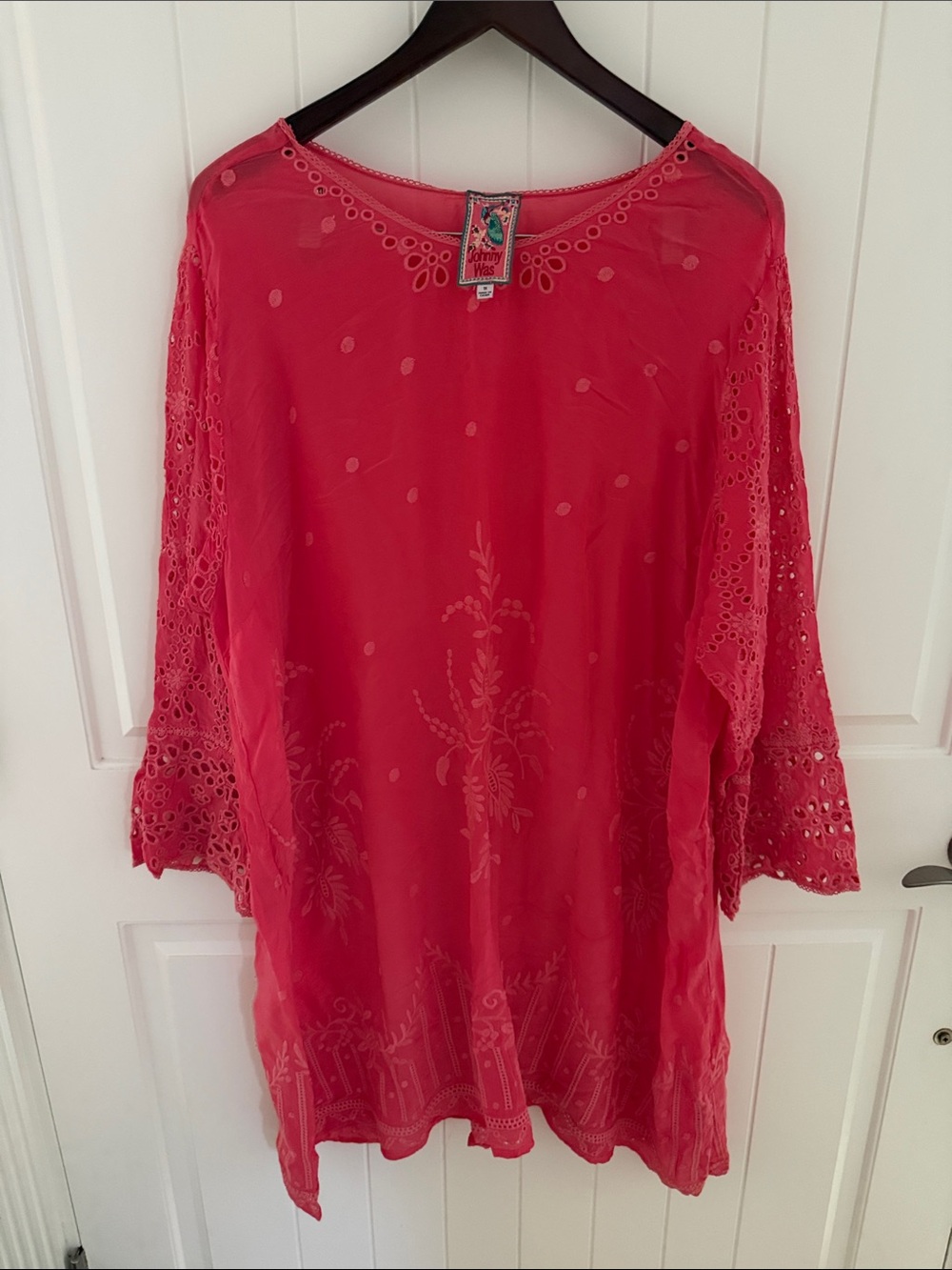Johnny Was Coral-Red Embroidered Eyelet Tunic